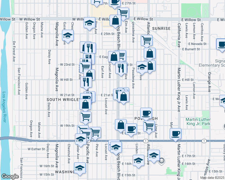 map of restaurants, bars, coffee shops, grocery stores, and more near 2145 Long Beach Boulevard in Long Beach