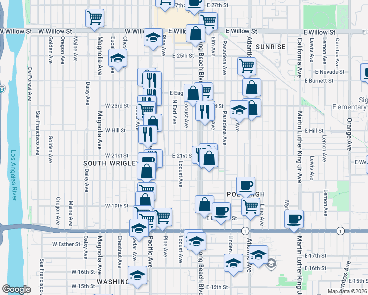 map of restaurants, bars, coffee shops, grocery stores, and more near 2165 Locust Avenue in Long Beach