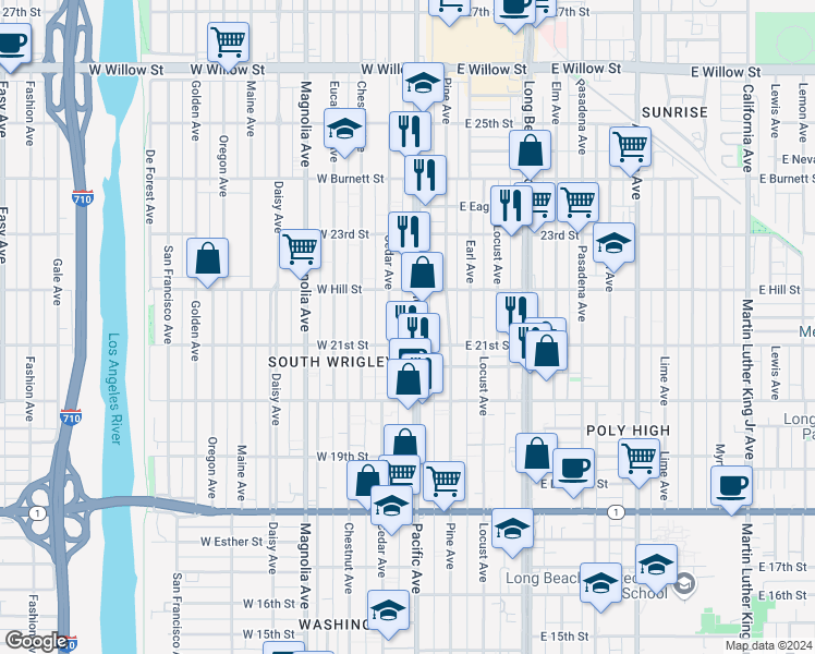 map of restaurants, bars, coffee shops, grocery stores, and more near 2169 Pacific Avenue in Long Beach