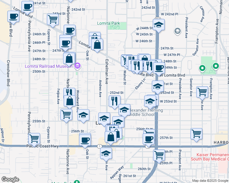map of restaurants, bars, coffee shops, grocery stores, and more near 25110 Eshelman Avenue in Lomita