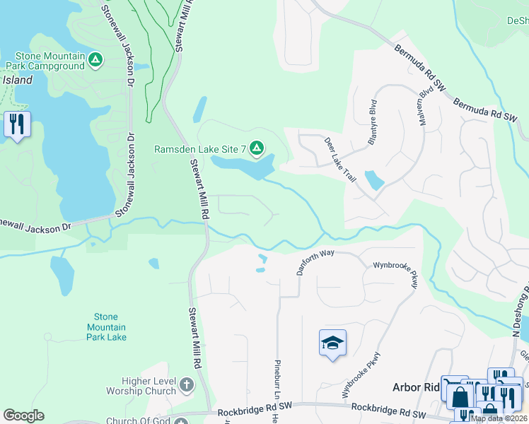 map of restaurants, bars, coffee shops, grocery stores, and more near 6731 Pine Valley Trace in Stone Mountain