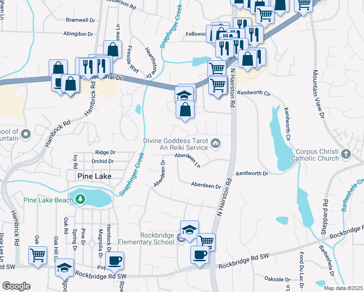 map of restaurants, bars, coffee shops, grocery stores, and more near 4663 Hairston Crossing Place in Stone Mountain