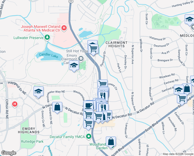 map of restaurants, bars, coffee shops, grocery stores, and more near 1460 Clairmont Road in Decatur