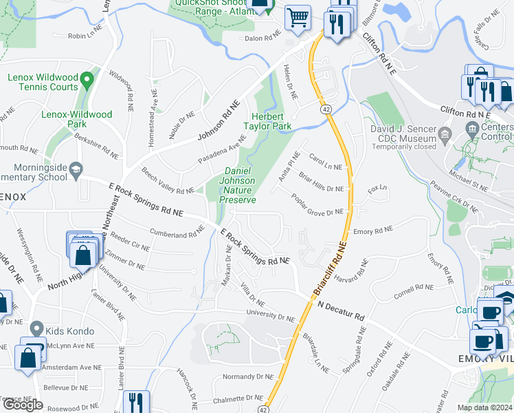 map of restaurants, bars, coffee shops, grocery stores, and more near 1301 Beech Valley Road Northeast in Atlanta