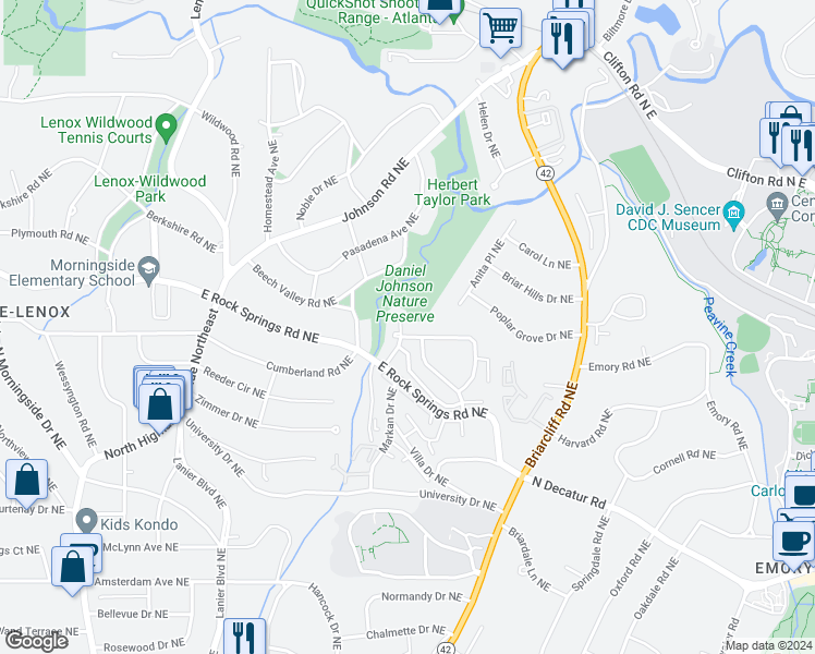 map of restaurants, bars, coffee shops, grocery stores, and more near 1301 Beech Valley Road Northeast in Atlanta
