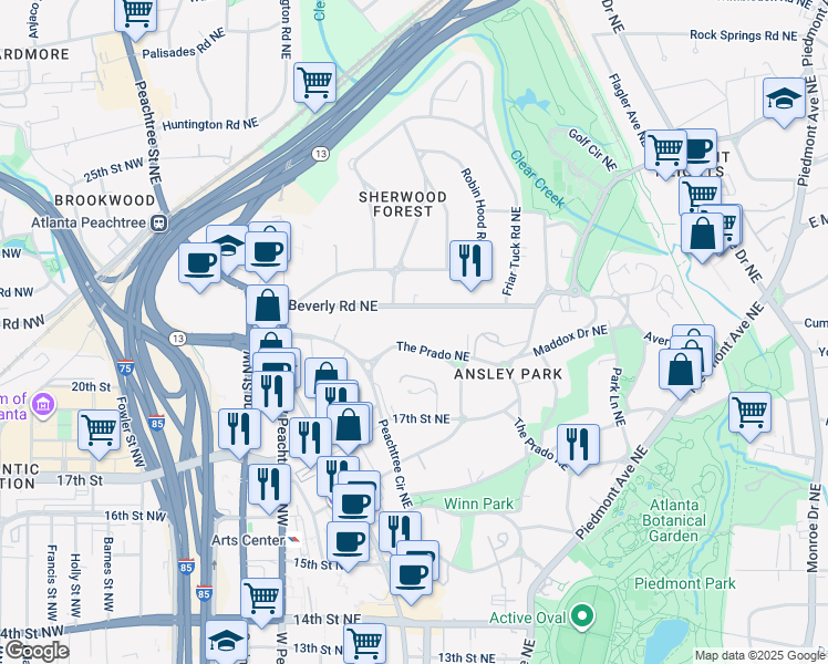 map of restaurants, bars, coffee shops, grocery stores, and more near 143 Beverly Road Northeast in Atlanta