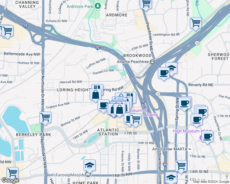 map of restaurants, bars, coffee shops, grocery stores, and more near 297 Deering Road Northwest in Atlanta