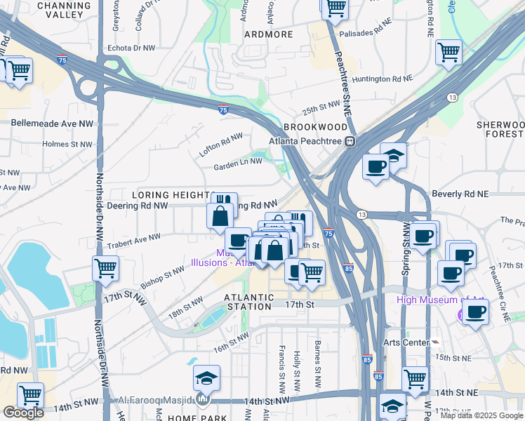 map of restaurants, bars, coffee shops, grocery stores, and more near 297 Deering Road Northwest in Atlanta