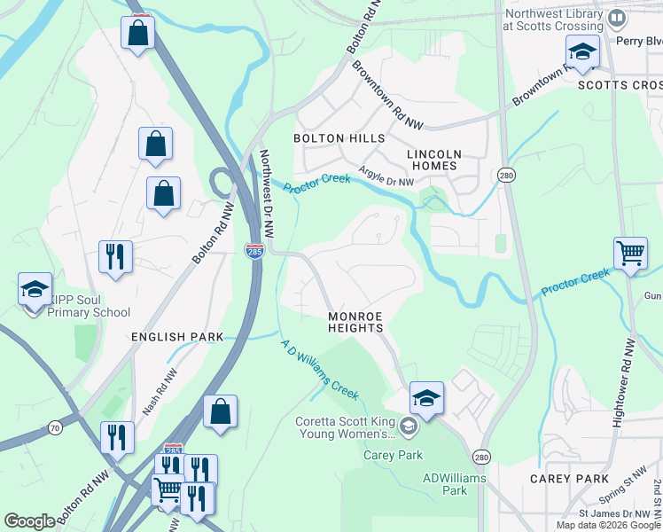 map of restaurants, bars, coffee shops, grocery stores, and more near 1500 Monteel Drive Northwest in Atlanta