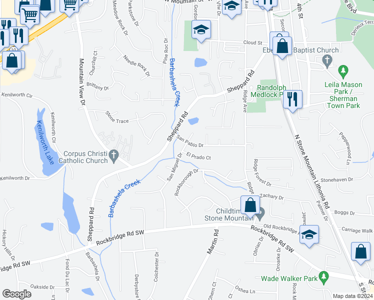 map of restaurants, bars, coffee shops, grocery stores, and more near 600 El Prado Court in Stone Mountain