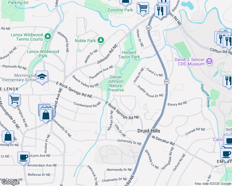 map of restaurants, bars, coffee shops, grocery stores, and more near 1301 Beech Valley Road Northeast in Atlanta