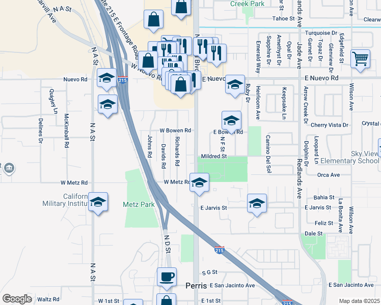 map of restaurants, bars, coffee shops, grocery stores, and more near 1050 North Perris Boulevard in Perris