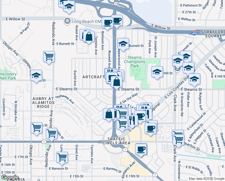 map of restaurants, bars, coffee shops, grocery stores, and more near 2257 North Lakewood Boulevard in Long Beach