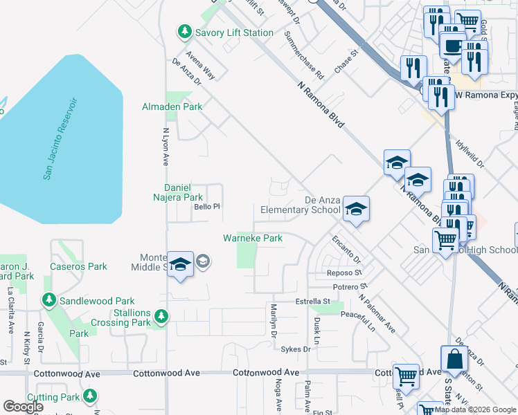 map of restaurants, bars, coffee shops, grocery stores, and more near 713 Sunnyside Boulevard in San Jacinto