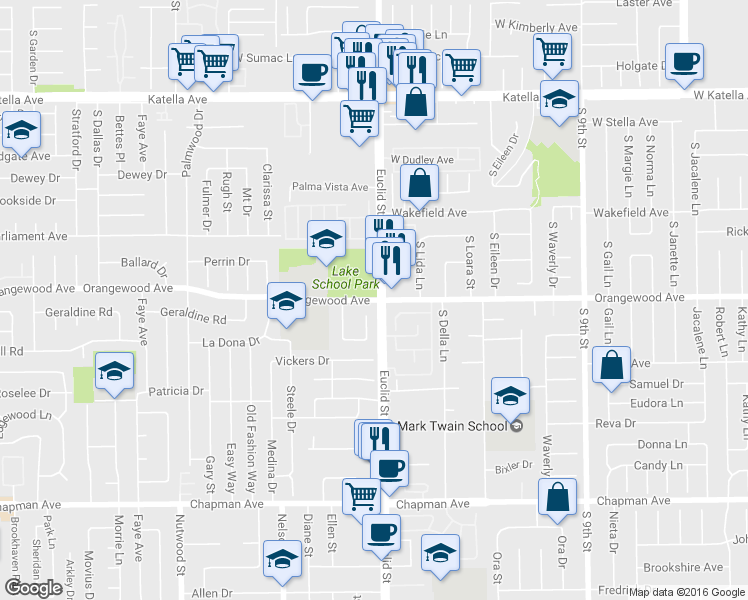 map of restaurants, bars, coffee shops, grocery stores, and more near Orangewood Avenue in Garden Grove