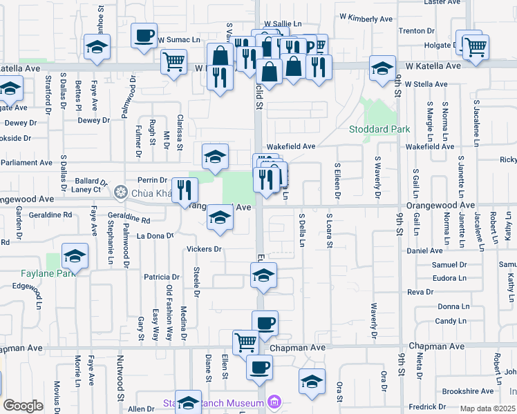 map of restaurants, bars, coffee shops, grocery stores, and more near in Garden Grove
