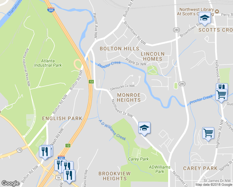 map of restaurants, bars, coffee shops, grocery stores, and more near 1500 Monteel Dr NW in Atlanta