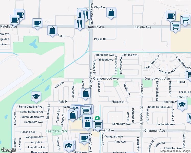 map of restaurants, bars, coffee shops, grocery stores, and more near 11462 Anegada Street in Cypress