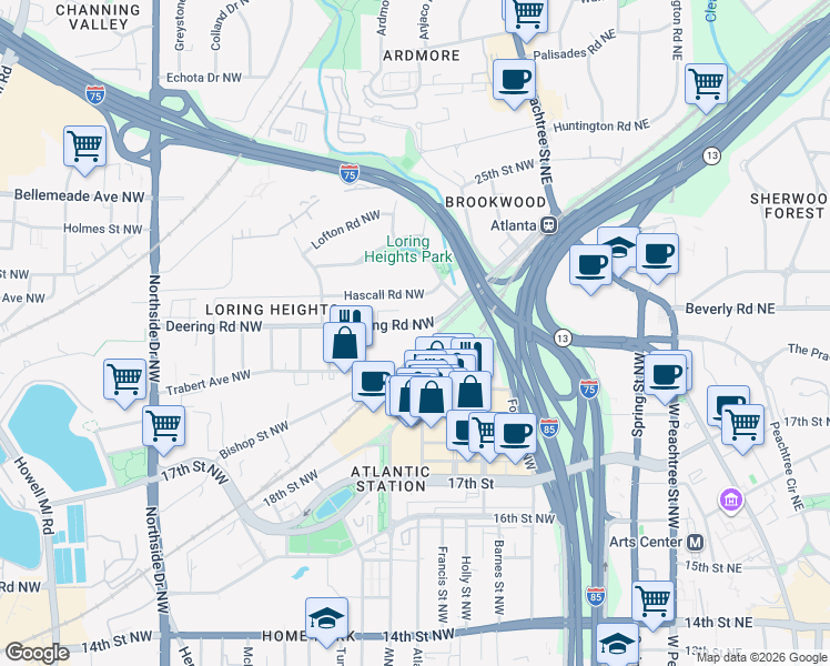 map of restaurants, bars, coffee shops, grocery stores, and more near 300 Deering Road Northwest in Atlanta