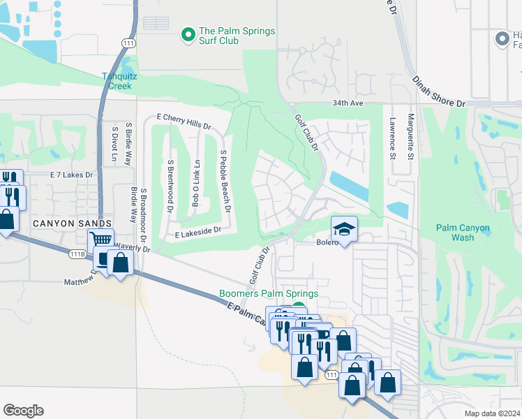 map of restaurants, bars, coffee shops, grocery stores, and more near 5300 Los Coyotes Drive in Palm Springs