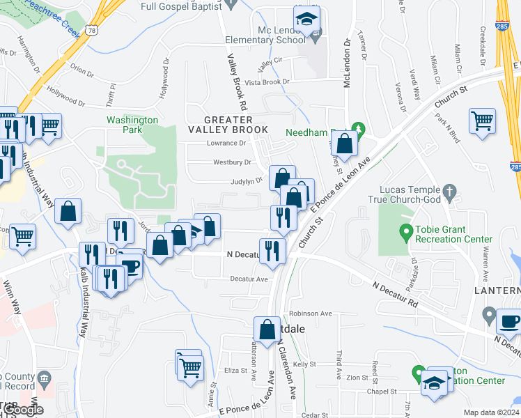 map of restaurants, bars, coffee shops, grocery stores, and more near 3091 Cedar Brook Drive in Decatur