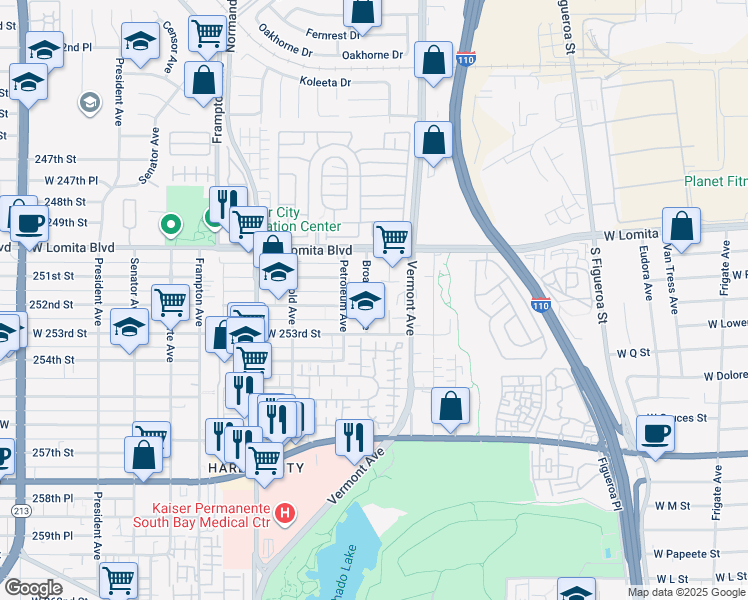 map of restaurants, bars, coffee shops, grocery stores, and more near 25152 Petroleum Avenue in Los Angeles