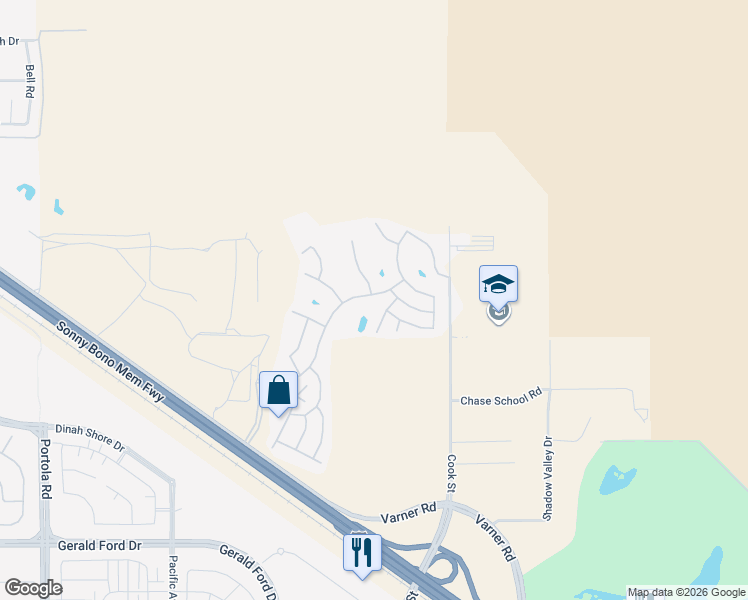 map of restaurants, bars, coffee shops, grocery stores, and more near 74825 Stage Line Drive in Thousand Palms