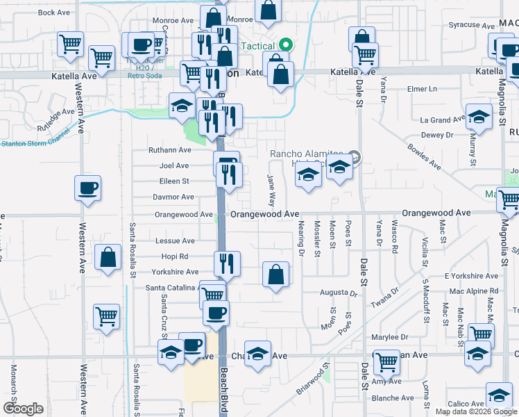 map of restaurants, bars, coffee shops, grocery stores, and more near 11480 Court Street in Stanton