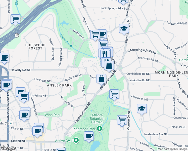 map of restaurants, bars, coffee shops, grocery stores, and more near 99 Avery Drive Northeast in Atlanta