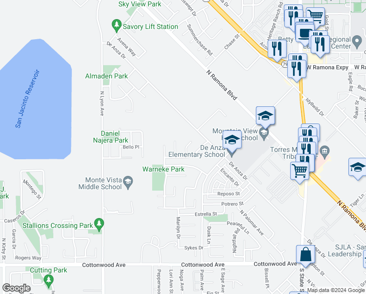 map of restaurants, bars, coffee shops, grocery stores, and more near 710 Multnomah Court in San Jacinto