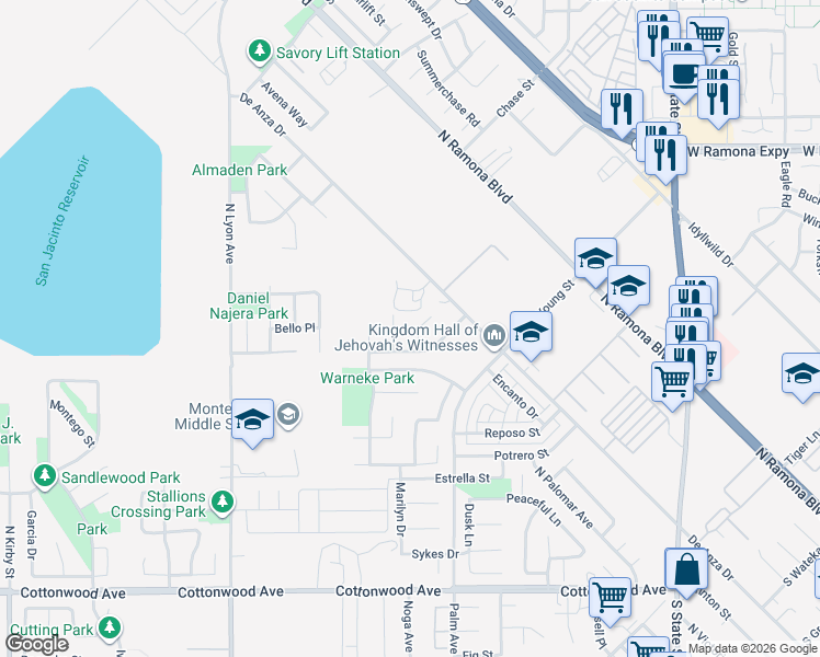 map of restaurants, bars, coffee shops, grocery stores, and more near 750 Multnomah Court in San Jacinto