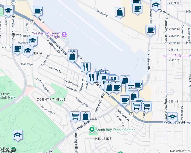 map of restaurants, bars, coffee shops, grocery stores, and more near 2909 Pacific Coast Highway in Torrance
