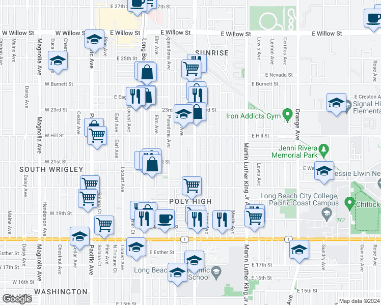 map of restaurants, bars, coffee shops, grocery stores, and more near 2151 Atlantic Avenue in Long Beach