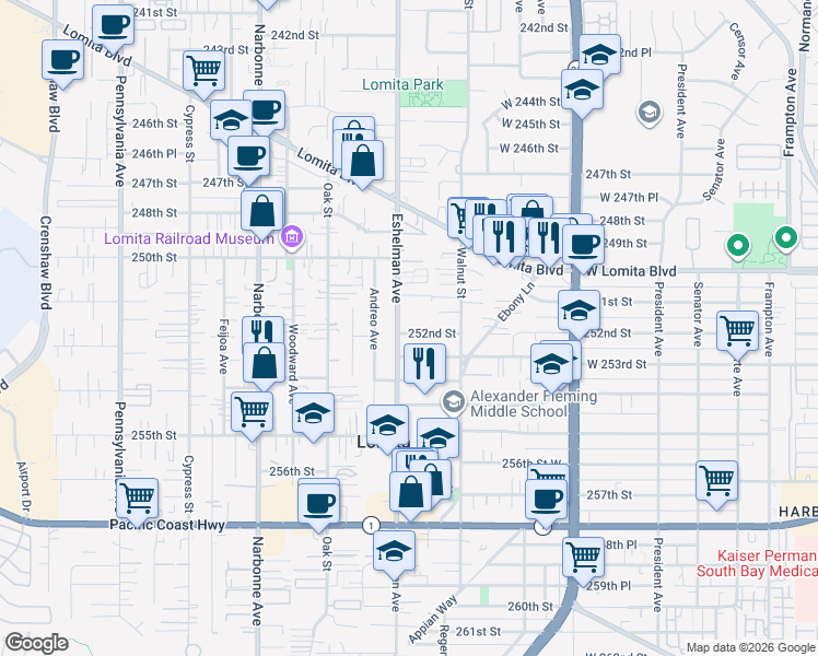 map of restaurants, bars, coffee shops, grocery stores, and more near 1959 252nd Street in Lomita