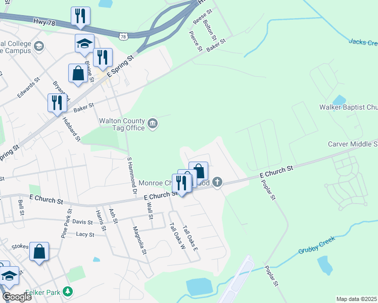 map of restaurants, bars, coffee shops, grocery stores, and more near 501 Chestnut Lane in Monroe