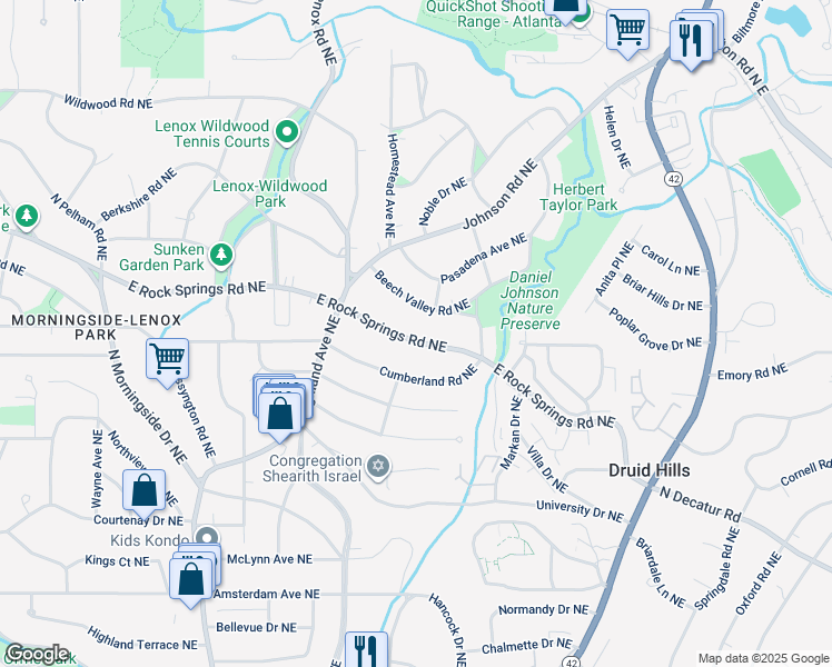 map of restaurants, bars, coffee shops, grocery stores, and more near 1216 East Rock Springs Road Northeast in Atlanta