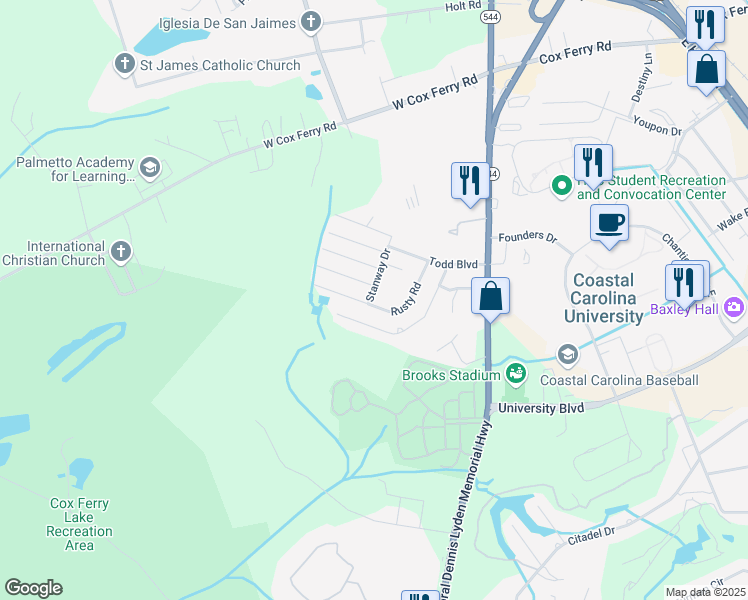 map of restaurants, bars, coffee shops, grocery stores, and more near 114 Clinton Court in Conway