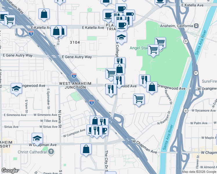map of restaurants, bars, coffee shops, grocery stores, and more near 500 North State College Boulevard in Orange