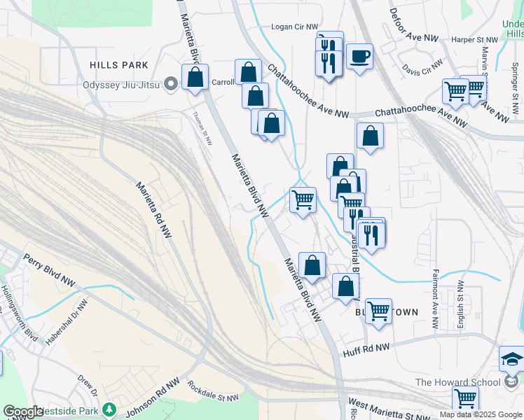 map of restaurants, bars, coffee shops, grocery stores, and more near 1480 Marietta Boulevard Northwest in Atlanta