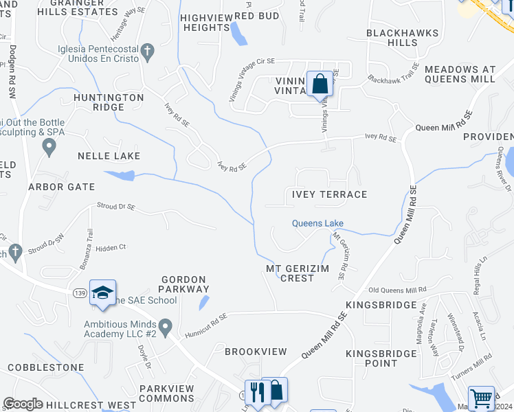map of restaurants, bars, coffee shops, grocery stores, and more near 548 Ivey Way Southeast in Mableton