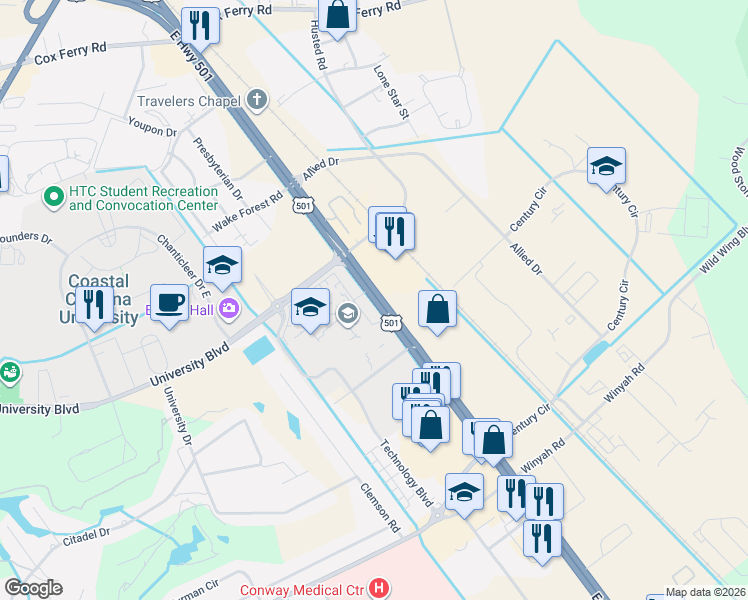 map of restaurants, bars, coffee shops, grocery stores, and more near 2382 U.S. 501 in Conway