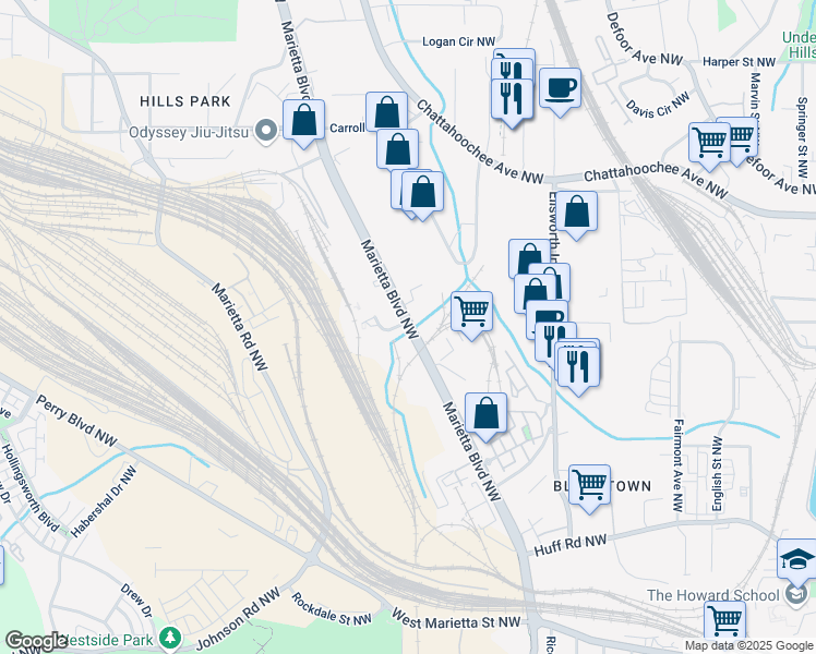 map of restaurants, bars, coffee shops, grocery stores, and more near 1480 Marietta Boulevard Northwest in Atlanta