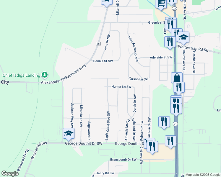 map of restaurants, bars, coffee shops, grocery stores, and more near 603 Hunter Lane Southwest in Jacksonville