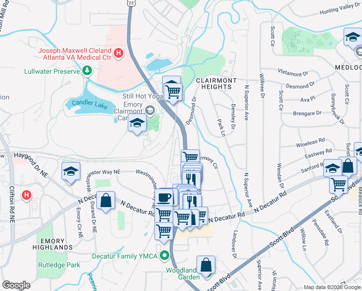 map of restaurants, bars, coffee shops, grocery stores, and more near 1460 Clairmont Road in Decatur