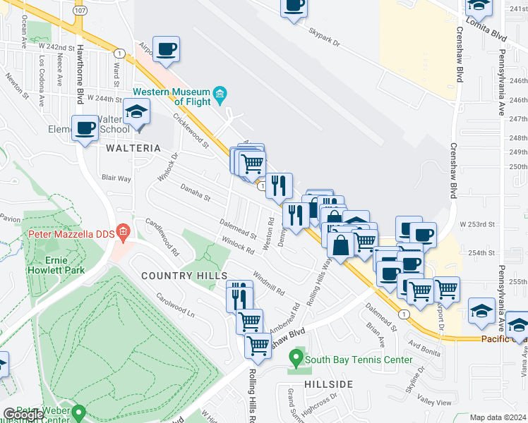 map of restaurants, bars, coffee shops, grocery stores, and more near 25206 Bigelow Road in Torrance
