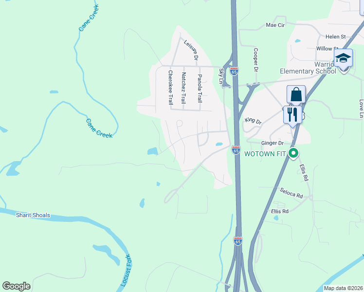 map of restaurants, bars, coffee shops, grocery stores, and more near 9266 Radford Place in Warrior