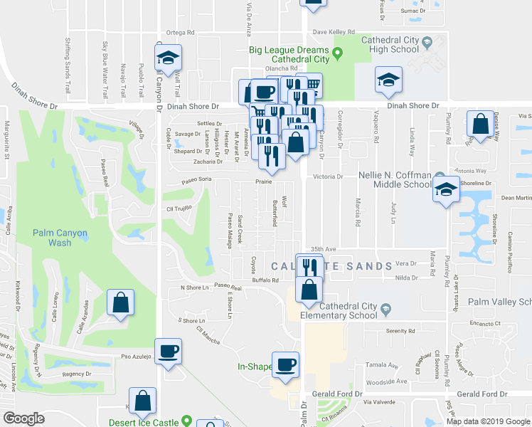 map of restaurants, bars, coffee shops, grocery stores, and more near 290 Butterfield in Cathedral City