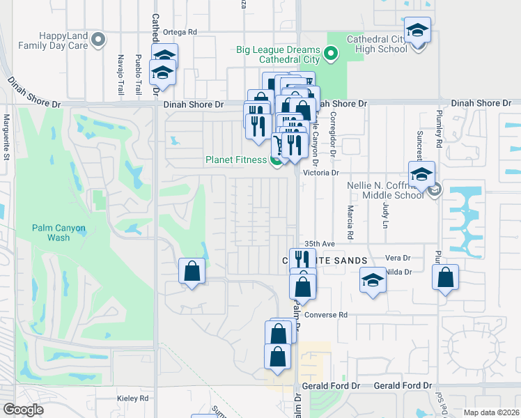 map of restaurants, bars, coffee shops, grocery stores, and more near 106 Coyote in Cathedral City