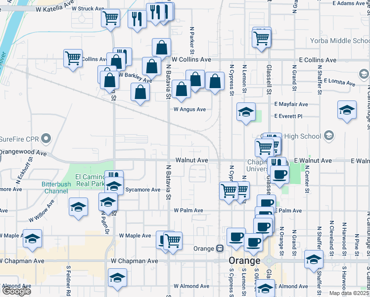map of restaurants, bars, coffee shops, grocery stores, and more near 579 North Batavia Street in Orange