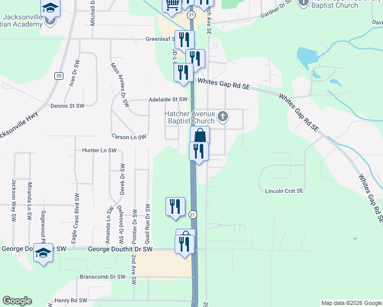 map of restaurants, bars, coffee shops, grocery stores, and more near 1595 Highway 21 in Jacksonville